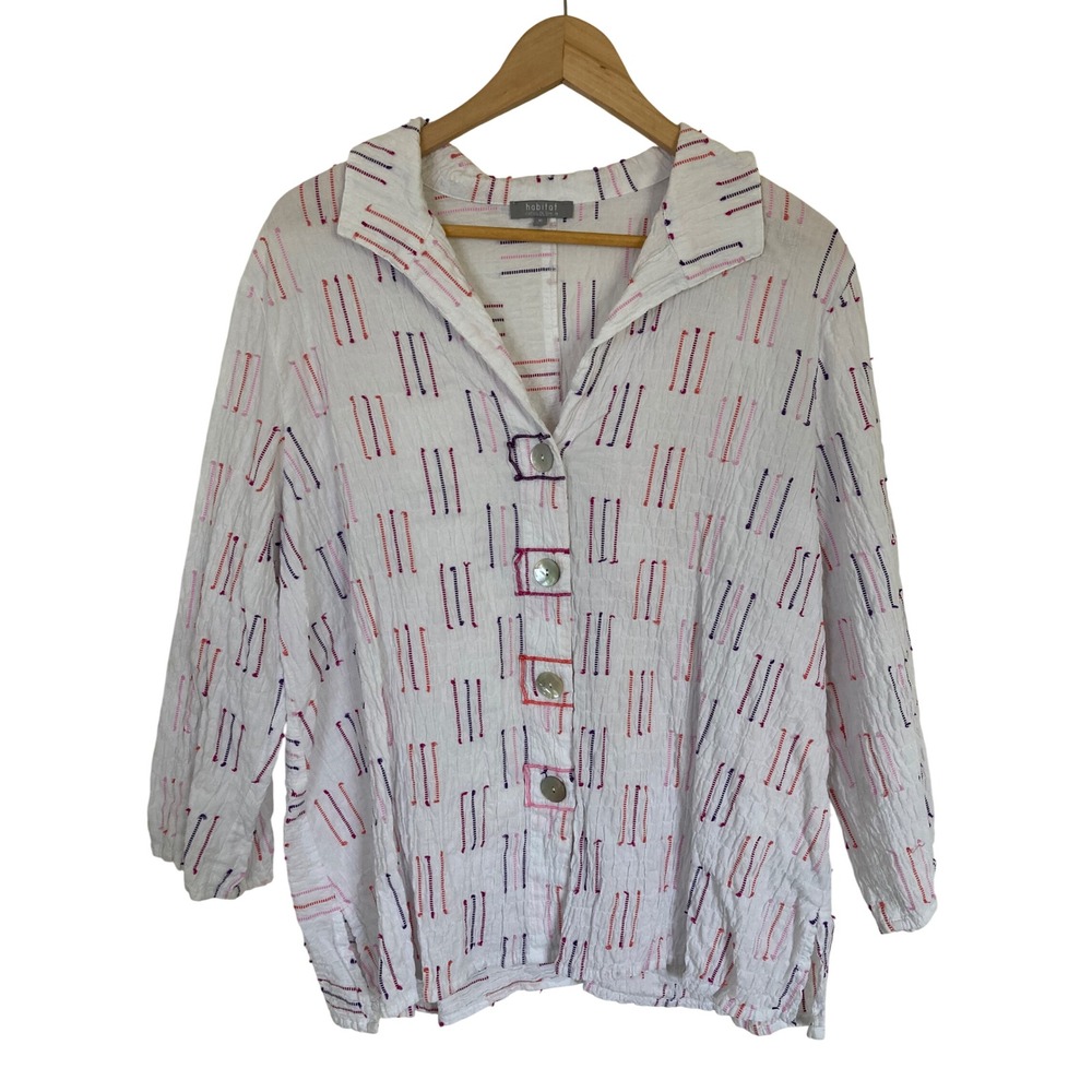 Habitat Clothes to Live In XL White Crinkle Embroidered Button Down Shirt 44059
